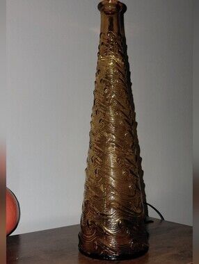 Vintage Amber Italian Empoli Glass Bottle Without Stopper Wave Pattern